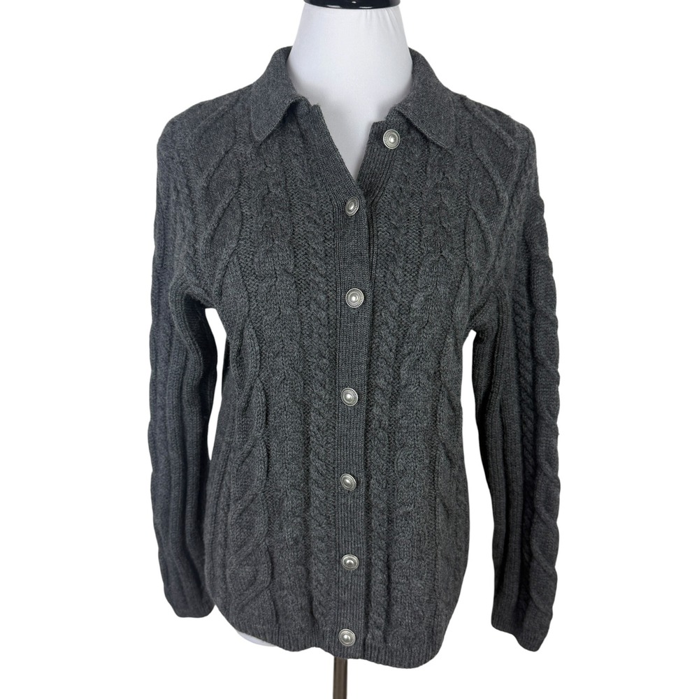 Ann Taylor Women's Medium Gray 100% Wool Cable Knit Cardigan Sweater